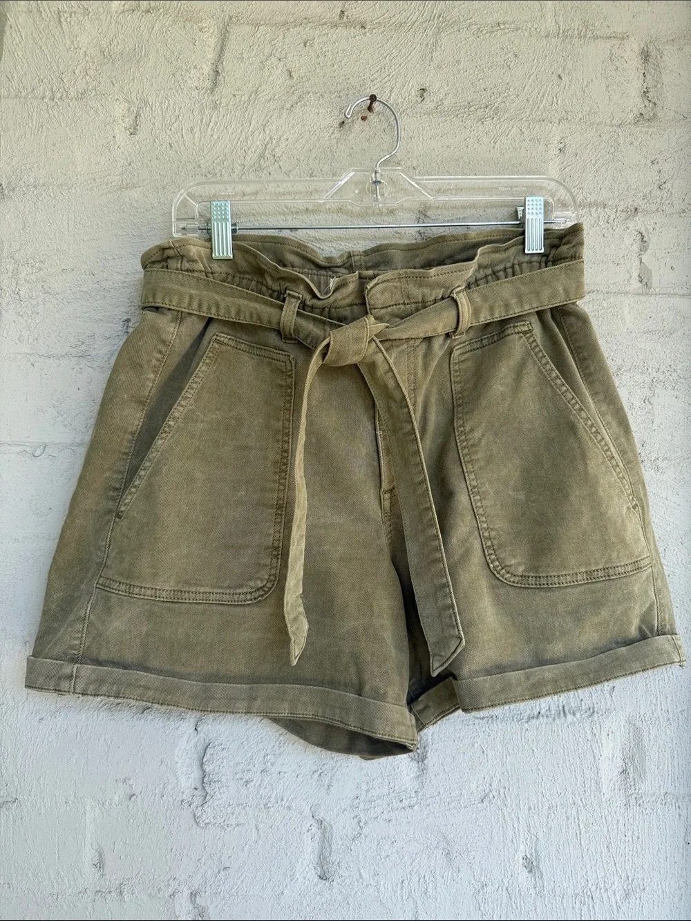LOFT Olive Denim Paperbag Waist Belted Mom Shorts Size Medium